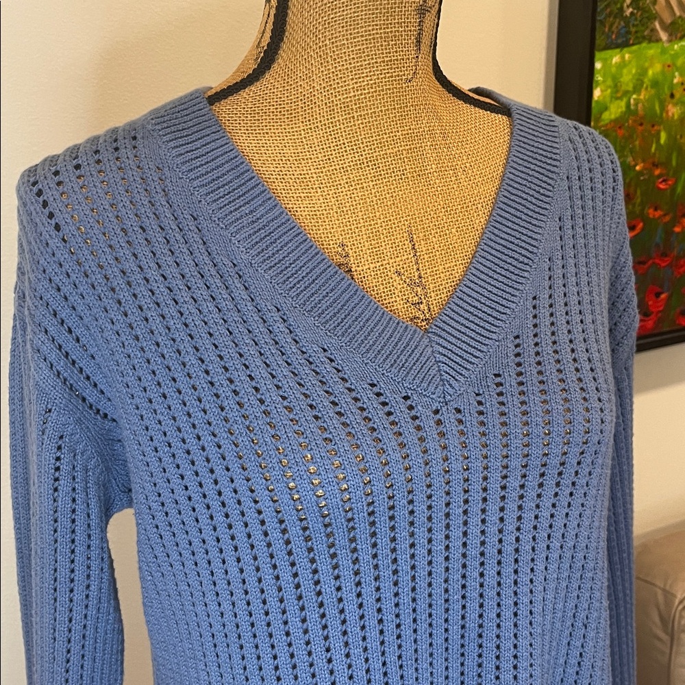 GAP 100% Cotton Relaxed Fit V-Neck Knit Sweater Blue Size Medium - Picture 2 of 11